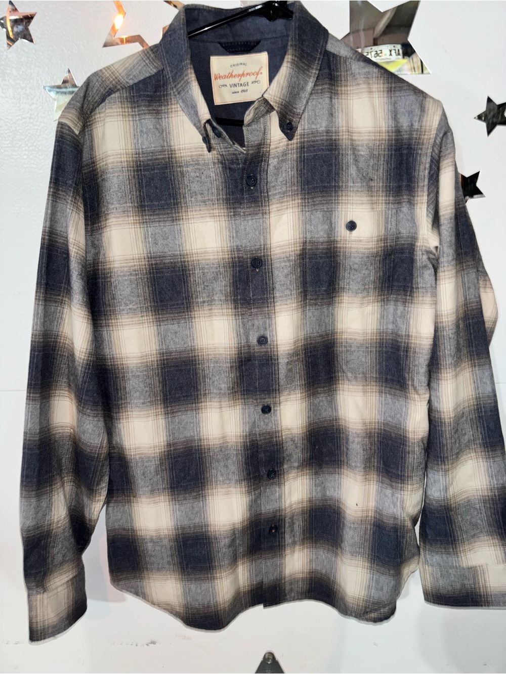 Weatherproof Vintage Plaid Button-Navy and Cream Flannel Plaid Button-Down Shirt